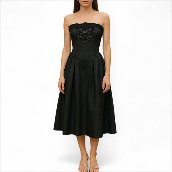 Vintage Dresses & Skirts - Nancy Johnson Vintage Black Ramie Cotton Lace Strapless Full Skirt Dress Vtg 6